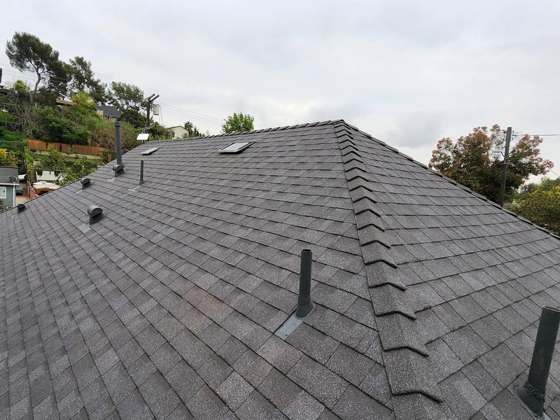 Complete charcoal and brown shingle roof from ridge height: a long ridge with hip caps running the full length of the frame, multiple planes and hips, several flue stacks and vent boots, one skylight, plus hillside roof context under overcast light.
