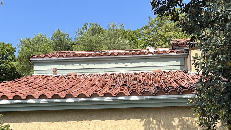 Front elevation of a single-story home: a red-terracotta barrel-tile roof with a straight ridge, rake and eave line running across the frame above a yellow-tan stucco wall, with mature trees flanking both sides under a clear blue sky.